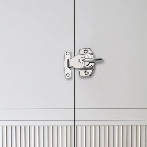 Heavy Duty Iron Table Latches And Door Hasps Two Pack Secure Connectors for dining tables and cabinets, silver hardware on cabinet door.