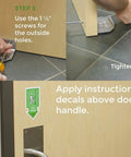 Installation steps of Hands Free Foot Operated Door Opener No Touch Tool for office restroom doors, including decal application.