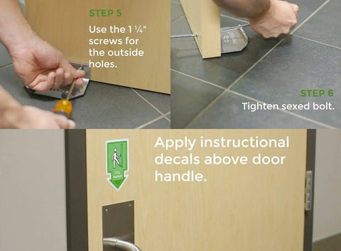 Installation steps of Hands Free Foot Operated Door Opener No Touch Tool for office restroom doors, including decal application.