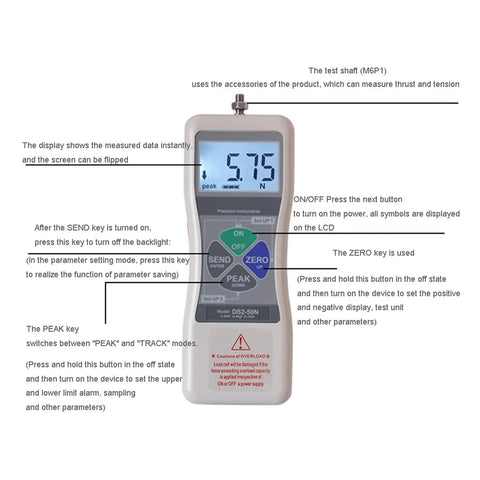 Pro Grade Digital Force Gauge High Precision DS2 500N 1000N Push Force Gauge And 20N Pull Strength Tester With Small Sensor Dynamometer Peak Hold And Ultra Accurate Force Measurement showing LCD and buttons