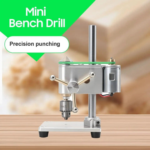 Compact Mini Drill Press Portable Bench Top Electric Tool For Metal Wood Jewelry Diy Crafts Precision Drilling Up To 4500Rpm Quick Setup Lightweight Design Best For Small Workspace Projects And Detailed Engraving Work with silver and green design.