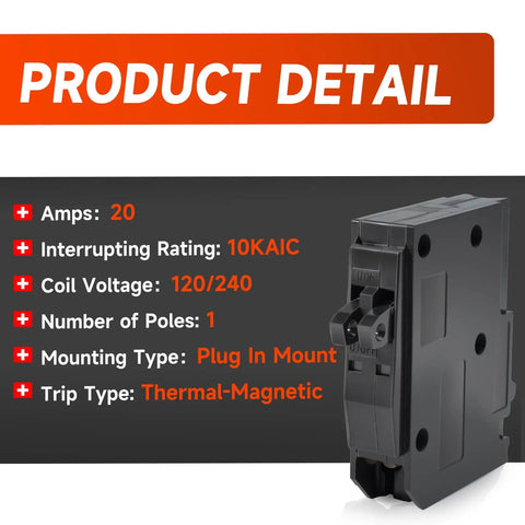 Tandem 1 Pole 20 Amp Circuit Breaker Plug-In 120/240V AC With 10kA Interrupting Rating, displayed with product details.
