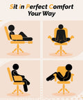 Illustration showing versatility of 100-130 Degree Reclining Tall Office Chair With Foot Rest And Adjustable Armrests