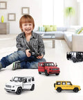 Child playing with Mercedes AMG G63 Off Road Remote Control Car 1 14 Scale With Doors Open Working LED Lights 2.4Ghz White Color Toy Vehicle