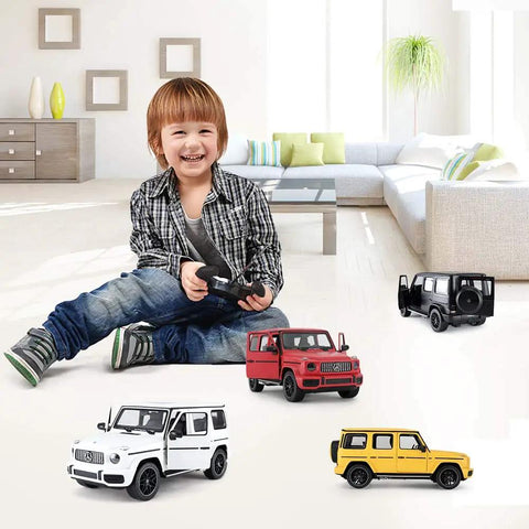 Child playing with Mercedes AMG G63 Off Road Remote Control Car 1 14 Scale With Doors Open Working LED Lights 2.4Ghz White Color Toy Vehicle