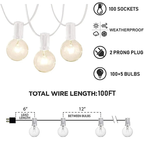Diagram of Outdoor String Lights 100Ft With 105 Globe Bulbs Waterproof IP44 Edison G40 Bulbs For Backyard Parties showing length and plug.