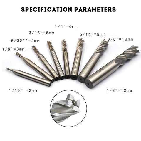 8-piece HSS end mill bit set with straight 4-flute cutters, sizes 1/16 to 1/2 inch, for wood and metal Oudtinx