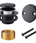 Top Shelf All Metal Bathtub Drain Stopper Kit Featuring Tip Toe Kick Down Plug And Universal Two Hole Overflow Faceplate Crafted Tough For Worry Free Plumbing Projects components including black push plug, overflow plate, brass adapter, and screws.