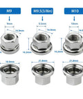 Six Pack Flanged Wheel Hub Nuts For Front And Rear Bikes Includes M8 Three Eighths Inch And M10 Sizing Great For Mountain And Kids Bikes Chrome Plated Steel With Anti Slip Pattern That Helps Prevent Loosening, showing detailed measurements for each size