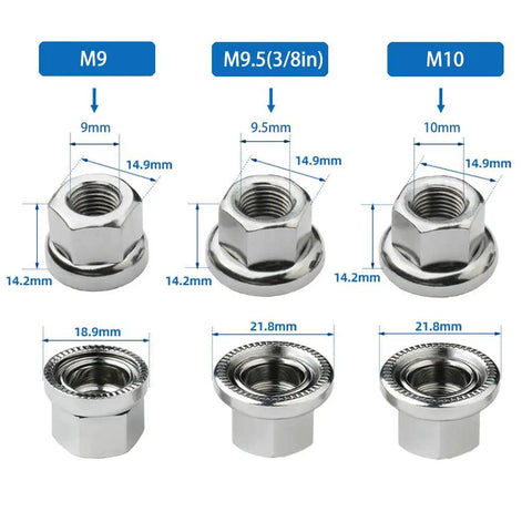 Six Pack Flanged Wheel Hub Nuts For Front And Rear Bikes Includes M8 Three Eighths Inch And M10 Sizing Great For Mountain And Kids Bikes Chrome Plated Steel With Anti Slip Pattern That Helps Prevent Loosening, showing detailed measurements for each size