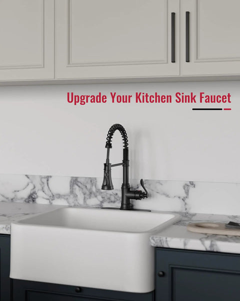 Matte Black Kitchen Faucet With Pull Down Sprayer Single Handle High Arc Three Function Waterway in farmhouse kitchen