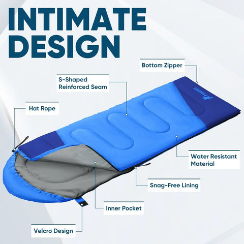 Lightweight Adult Sleeping Bag For Camping And Backpacking, Water Resistant And Machine Washable, Three Season Comfort