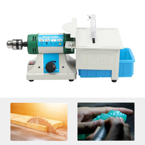 Five In One Jewelry Polishing Machine For Desktop Bench Grinder Pro Grade with drill chuck, saw blade holder, and fiber wheel