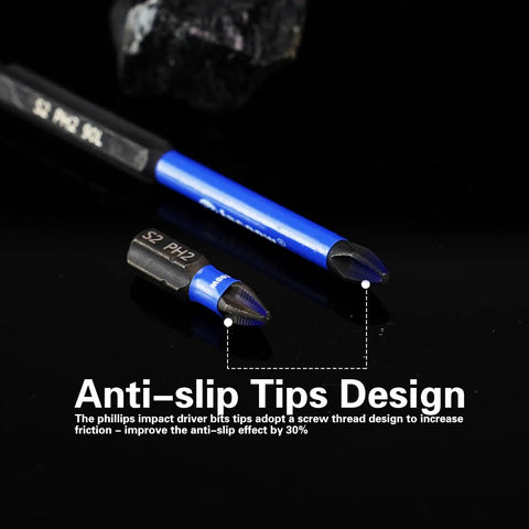 Close-up of 16 Pack PH2 Phillips Impact Driver Bits Set With Magnetic Tips S2 Alloy Steel showing anti-slip tip design.