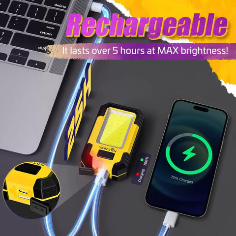 Rechargeable Magnetic LED Work Light 1200 Lumens Portable Mechanic Lamp USB Charging next to smartphone and laptop