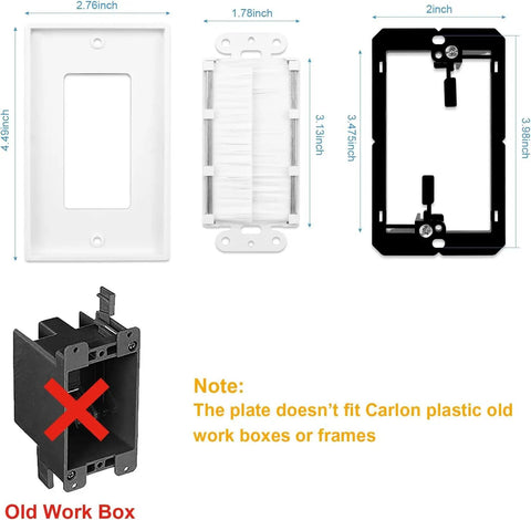 4 Pack Brush Wall Plate With Low Voltage Mounting Bracket For Hassle Free Cord Routing In Bright White Trim, showing dimensions and compatibility.