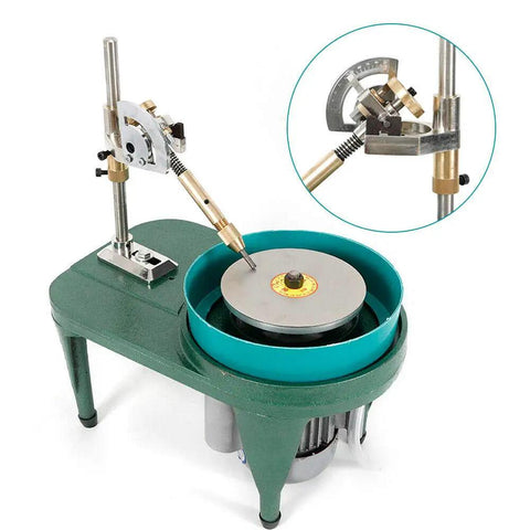 Faceting And Polishing Gem Cutter Pro Grade Workhorse with 6-inch disc and faceted manipulator for jewelry making, shown in green.