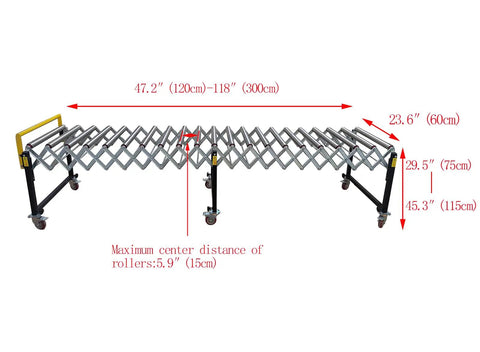 Unpowered Portable Flexible Conveyor With Height Adjustable 29.5 to 45.3 Inches And Expandable Length From 47.2 to 118 Inches Roller Table