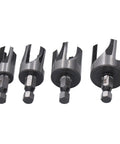 No Sweat Wood Dowel Drill Set With Tapered Plug Cutter Bits Slick Hex Shaft Claw Design for 1/4 to 5/8 inch cuts.