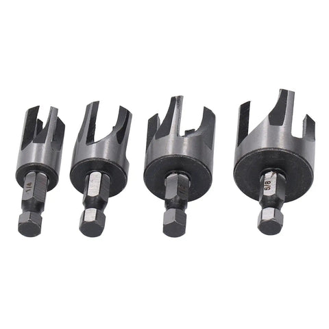 No Sweat Wood Dowel Drill Set With Tapered Plug Cutter Bits Slick Hex Shaft Claw Design for 1/4 to 5/8 inch cuts.