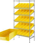 Heavy Duty Commercial Wire Garage Shelving Unit With 25 Storage Bins, six shelves with yellow bins and one bin outside.