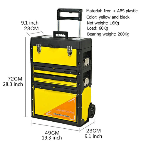 Three Layer Portable Tool Box On Wheels Detachable Tool Chest With Trolley in yellow and black, showing dimensions and materials.