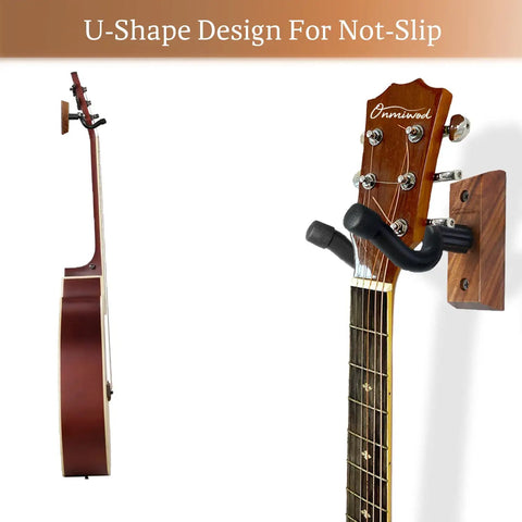 Kickass Two Pack Black Walnut Wood Guitar Wall Mount Ultra Heavy Duty Sweet U Shaped Holder Bracket For Acoustic Electric Bass Banjo Tight Space Saving Rack