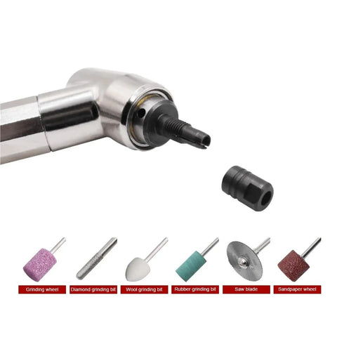 The Ultimate Pneumatic Mini Grinder With 45 Or 90 Degree Swivel Head High Speed Air Powered Rotary Tool showing grinding bits and tool head.