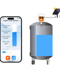 Smart WiFi Radar Level Sensor for Water Tank and Oil Tank, Tank Gauge With Automatic Alarm, Remote Monitoring Via Smart Life App, IP65 Waterproof Level Monitor for Home, Solar Power Setup, and Smart Home Systems shown with app interface and tank display.