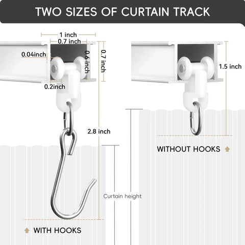 Durable Aluminum Ceiling Curtain Track With Roller Hooks White 9Ft To 12Ft Easy No Fuss Install Smooth Glide For Drapes And Sheer Curtains Rust Resistant And High Quality, with hook and without hook dimensions