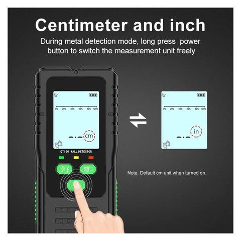 Straight Shooting Wall Scanner And Stud Finder With Four In One Metal Detection And AC Voltage Sensing To Nail Down Hidden Joists And Live Wires Safely Without Drywall Damage showing measurement unit adjustment feature.