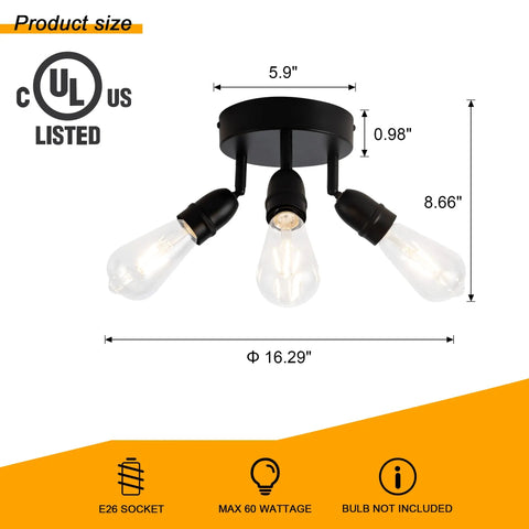 Three Light Flush Mount Ceiling Fixture In Matte Black Finish Dope Farmhouse Style Lighting for modern rustic spaces with dimensions