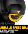 Close-up of variable speed dial on Cordless 20V Caulking Gun With Variable Speed Trigger And Flow Dial, 10 Oz Capacity, Anti Drip Auto Retracting Plunger.