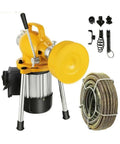 Badass Heavy Duty 400W Electric Drain Snake With 6 Foot Manganese Steel Spring Coiled Pipe Auger for clogs, featuring yellow body and accessories.