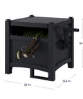 Hideaway Hose Reel With 100 Ft Capacity, Durable Resin Garden Hose Organizer with side handle, black and gray finish.