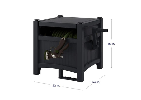 Hideaway Hose Reel With 100 Ft Capacity, Durable Resin Garden Hose Organizer with side handle, black and gray finish.