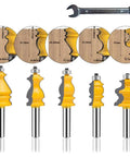 One Quarter Inch Shank Router Bit Set Five Piece Architectural Molding Kit With Corner Rounding Edge Forming Roundover Beading Bits For Woodworking Milling Pro Grade C3 Micro-Grain Tungsten Carbide Blades shown with wrench and profile samples