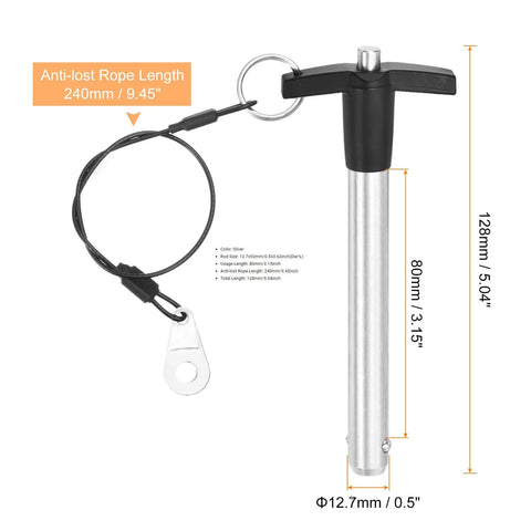 T Handle Quick Release Pin One Half Inch By Three Point One Five Inch 304 Stainless Steel Push Button Pin With Lanyard Cable Silver