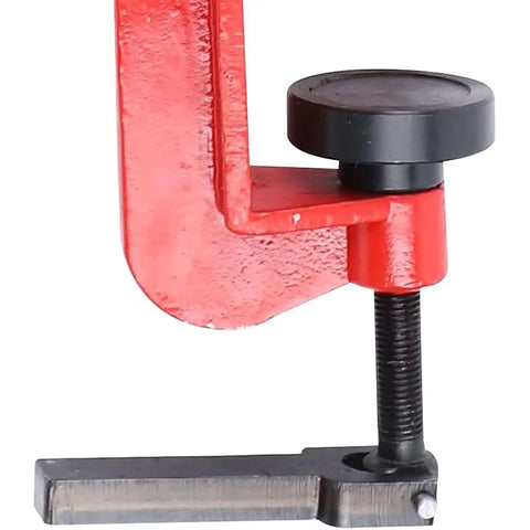 Close-up of Manual Sheet Metal Bead Roller Machine 22 Gauge Hand Crank Beading Tool With 6 Dies Kit showing red clamp mechanism