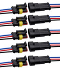3 Pin Waterproof Car Electrical Connectors Kit For 16 AWG Wire Quick Disconnect Plugs No Hassle Automotive Male And Female Wire Connectors For Car Truck Boat IP65 Weatherproof Set showing multiple connectors in front view.
