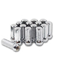 Set of 15 7 Spline Wheel Drive Lug Nuts 14x1.5 Closed End 51mm Long Chrome Finish for Car and Truck Wheels arranged on surface