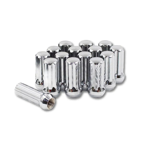Set of 15 7 Spline Wheel Drive Lug Nuts 14x1.5 Closed End 51mm Long Chrome Finish for Car and Truck Wheels arranged on surface