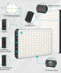 Diagram of On-Camera Bi-Color LED Video Light With 6 Color Filters, showing features like SMD bulbs, Type-C port, and adjustment knobs.