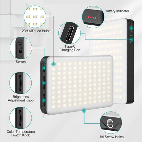 Diagram of On-Camera Bi-Color LED Video Light With 6 Color Filters, showing features like SMD bulbs, Type-C port, and adjustment knobs.