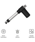 Side view of 24V feedback linear actuator with silver aluminum rod, black motor housing, clevis end