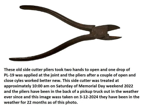 Old side cutter pliers treated with Penetrating Lubricant That Reduces Friction By Forty Percent, demonstrating long-lasting effect.