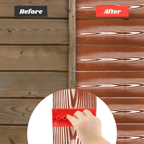 Before and after using Wood Grain Tool Set 4 Pcs Rubber Graining Rollers For Realistic Wood Texture, showing wood texture transformation.