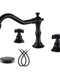 3 Hole Widespread Matte Black Bathroom Faucet With Double Cross Handles Deck Mount Vanity Sink Mixer Tap For Hot And Cold Water Matching Pop Up Drain Vintage Boss Look, showing faucet kit and parts.