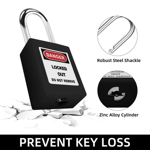 Solid As A Rock Five Piece Keyed Different Lockout Tagout Safety Padlock Set Black OSHA Approved Pads With Heavy Duty Stainless Shackle For Hard Hat Work Sites And Reliable Gear Lockdown