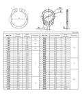 Heavy Duty Black External Circlips M3 To M42 Size C Type Snap Rings And Bearing Washers dimensions chart with size specifications.